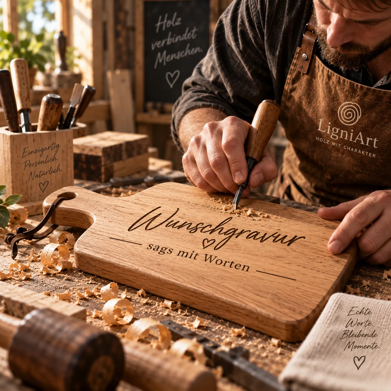Eiken plank met handvat en de gravure „Wunschgravur – sags mit Worten“ in een werkplaats