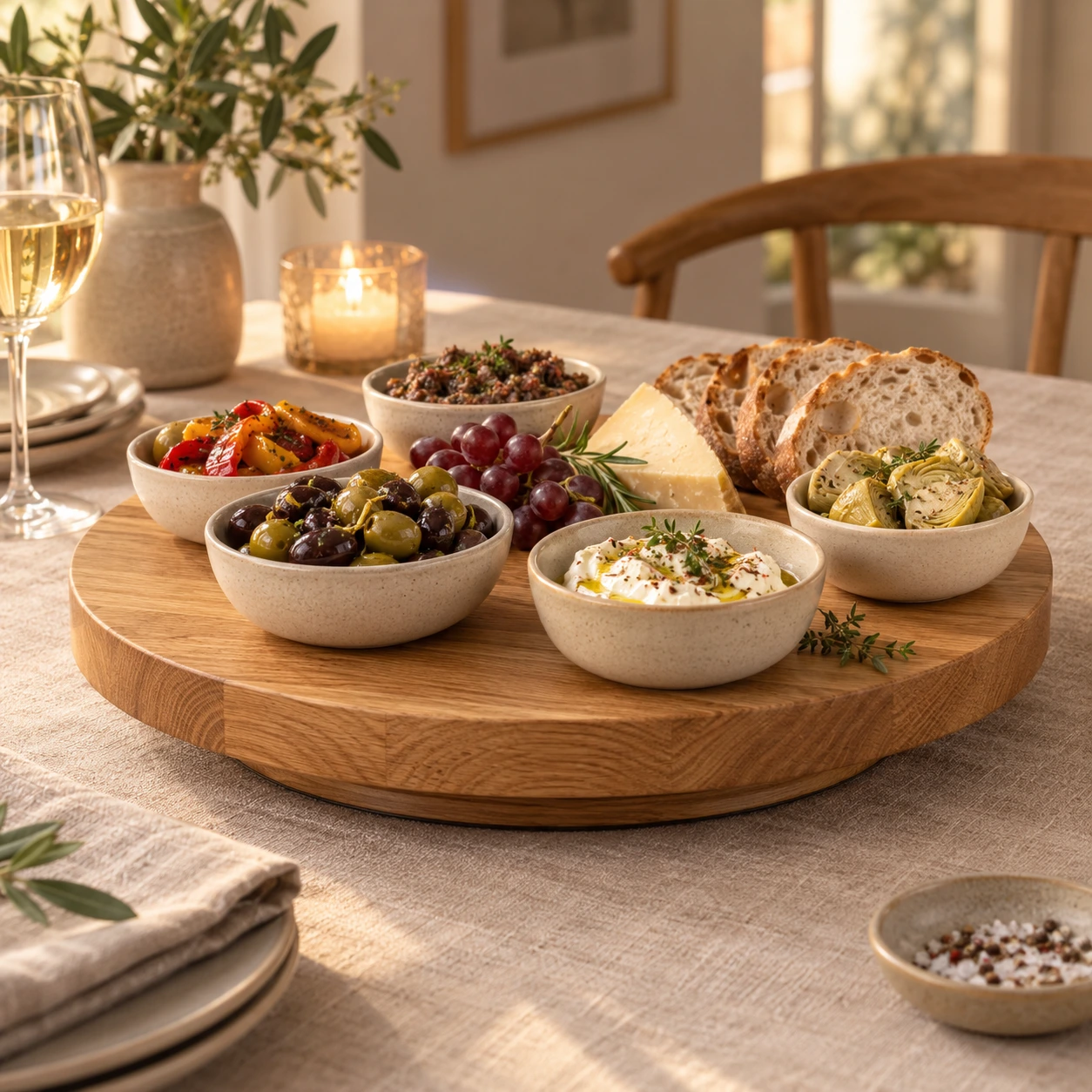 Ronde draaibare eiken serveerplank met kleine schaaltjes en antipasti op een gedekte tafel