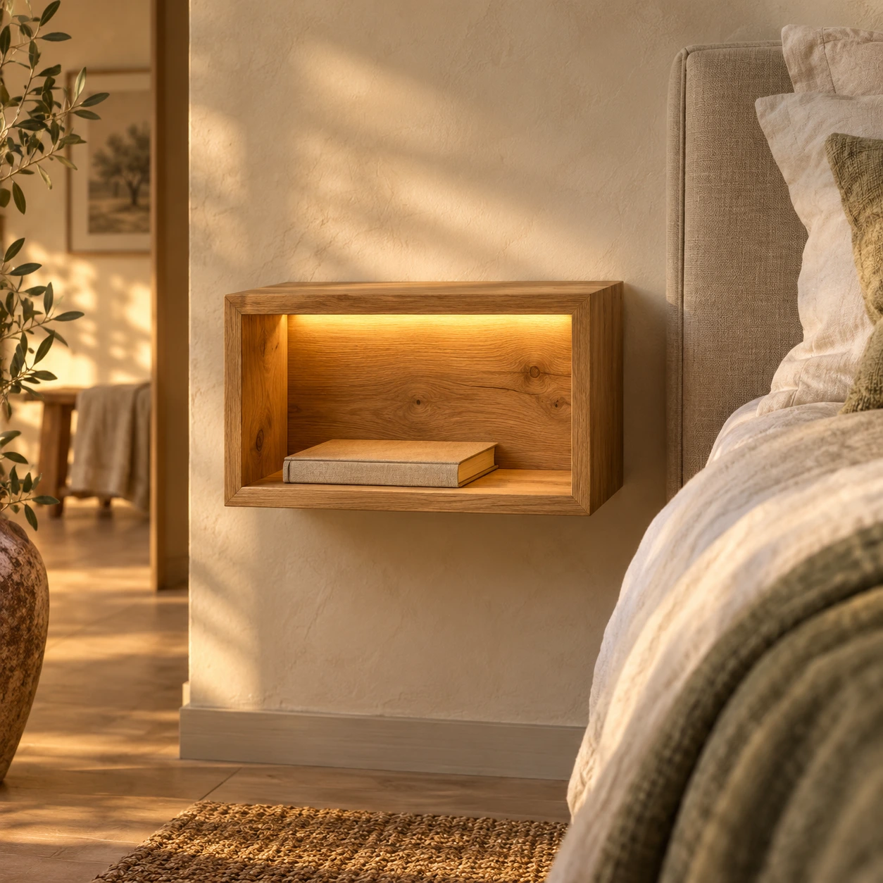 Rechthoekig eiken wandvak met LED-verlichting en een boek naast een bed