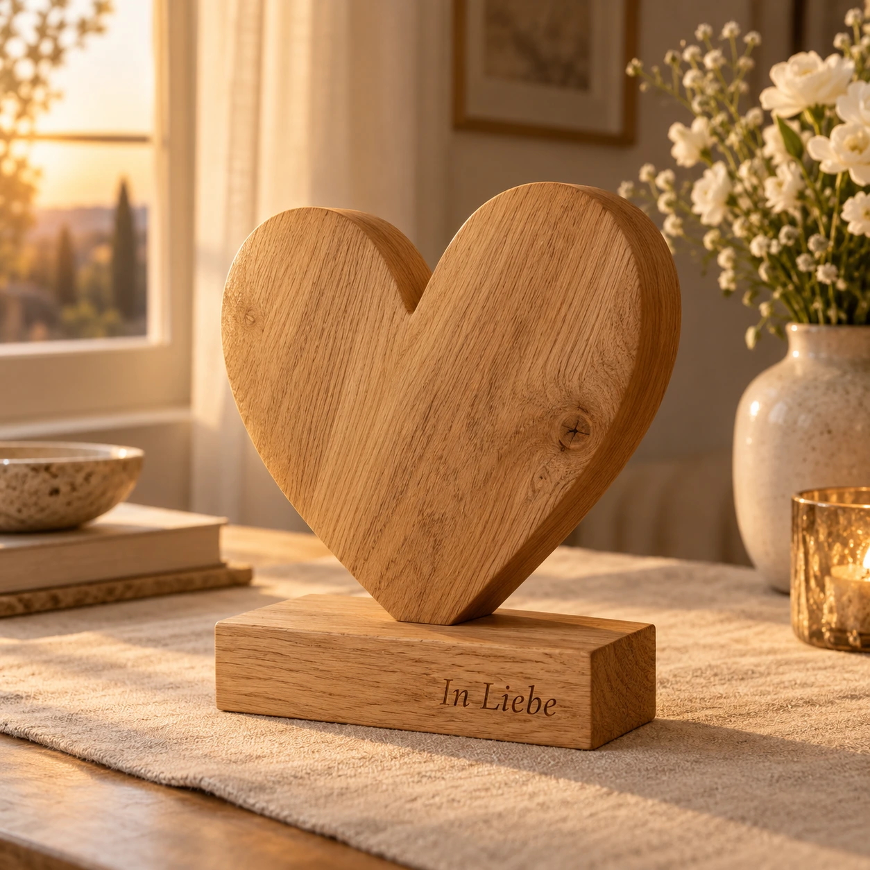 Groot eiken hart op een voet met de gravure In Liebe