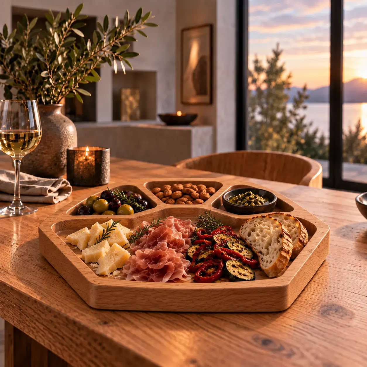 Zeshoekige eiken serveerplank met afgeronde hoeken en kleine vakken, belegd met antipasti
