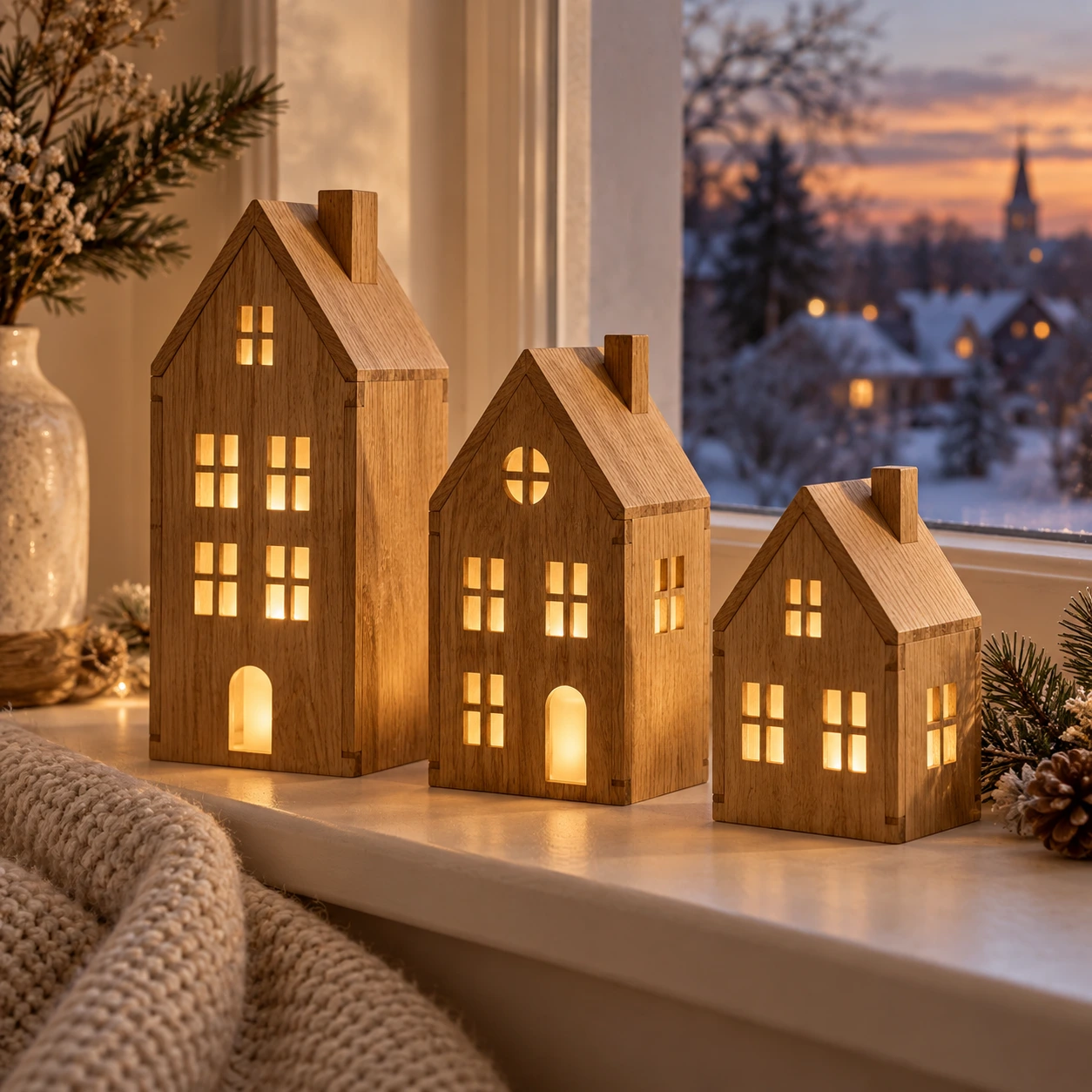 Drie verlichte eiken huisjes als winters dorp