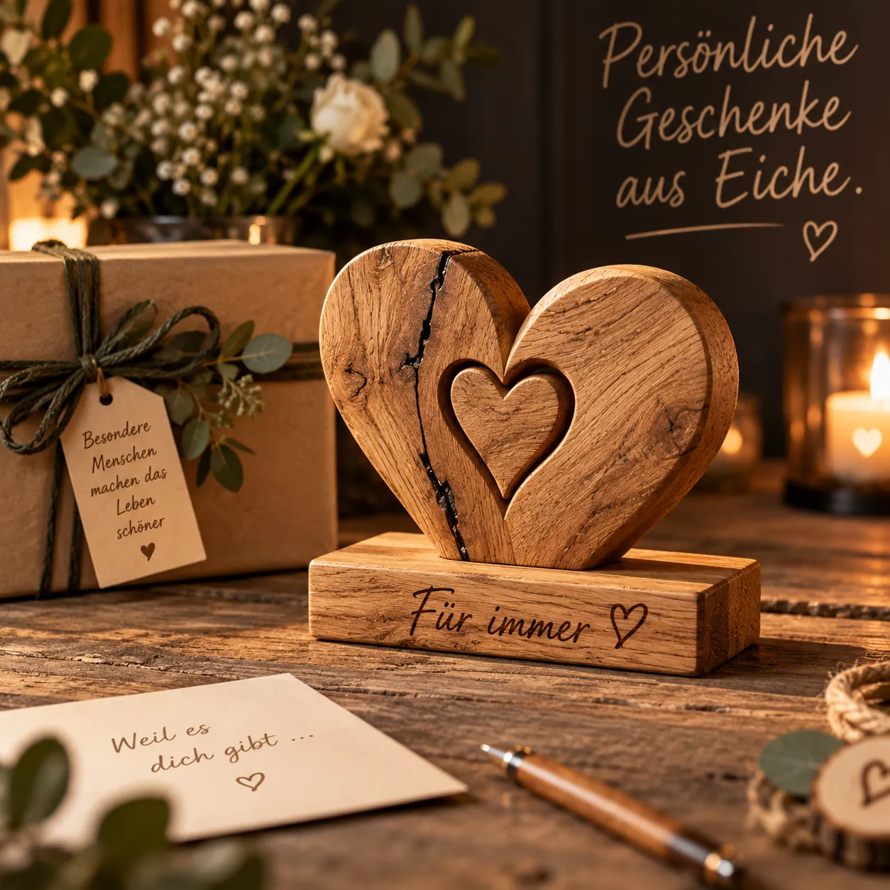Groot eiken hart met een klein hart in het midden, op een houten voet met het opschrift „Für immer“