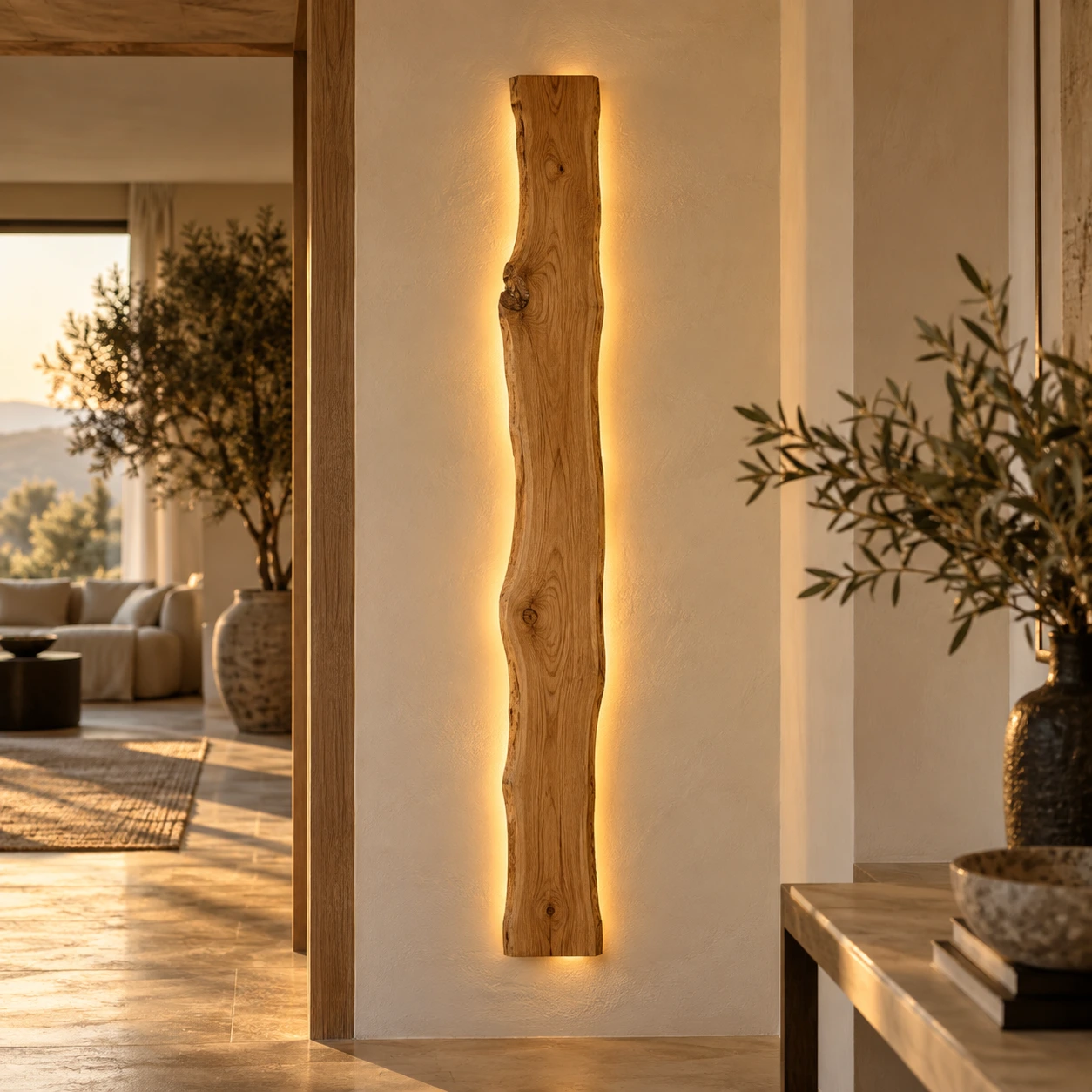 Smalle verticale eiken wandlamp met boomrand en indirect LED-licht
