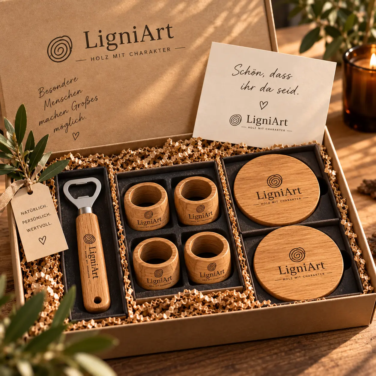 LigniArt-cadeaubox met flesopener, vier eiken servetringen, twee onderzetters en wenskaart