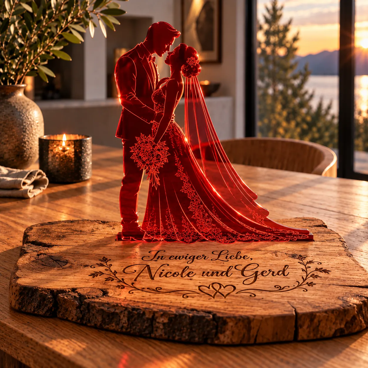 Rood bruidspaarmotief op rustiek eikenhout met de boodschap ‘In ewiger Liebe, Nicole und Gerd’ en hartjes