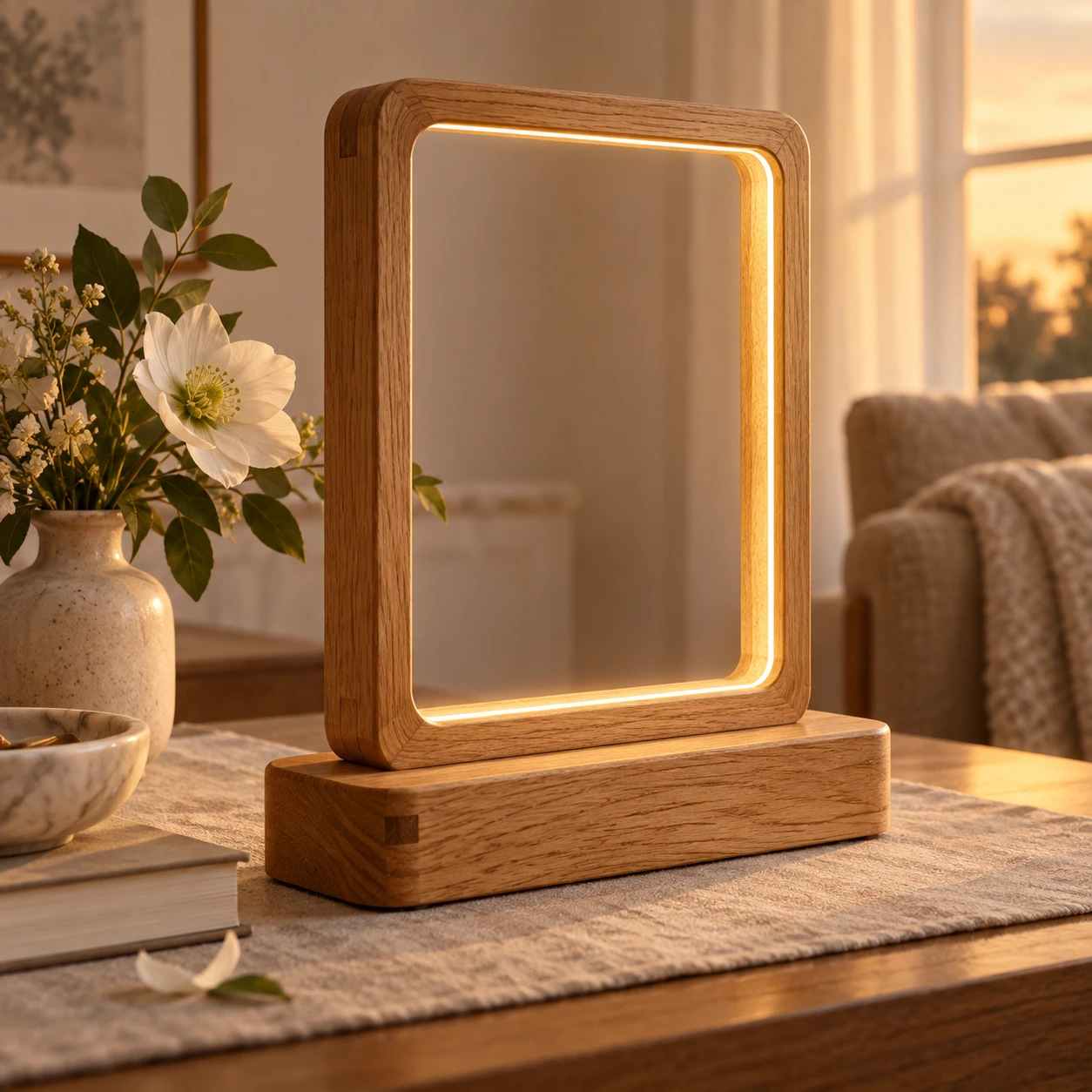 Rechthoekige eiken lijst met afgeronde hoeken en LED aan de binnenkant op een houten voet