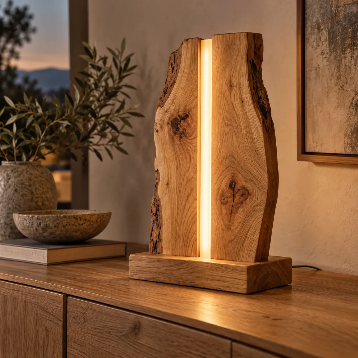 LED-tafellamp met natuurlijke eiken rand op een eiken dressoir