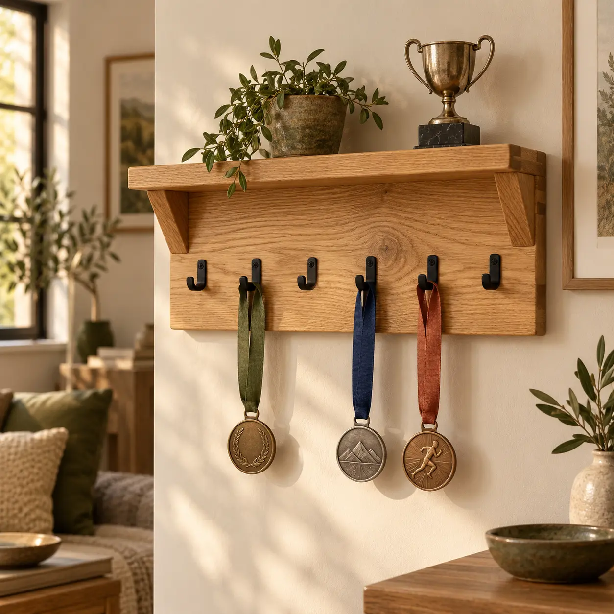 Eiken medaillerek met plank, zes donkere haken en drie opgehangen medailles