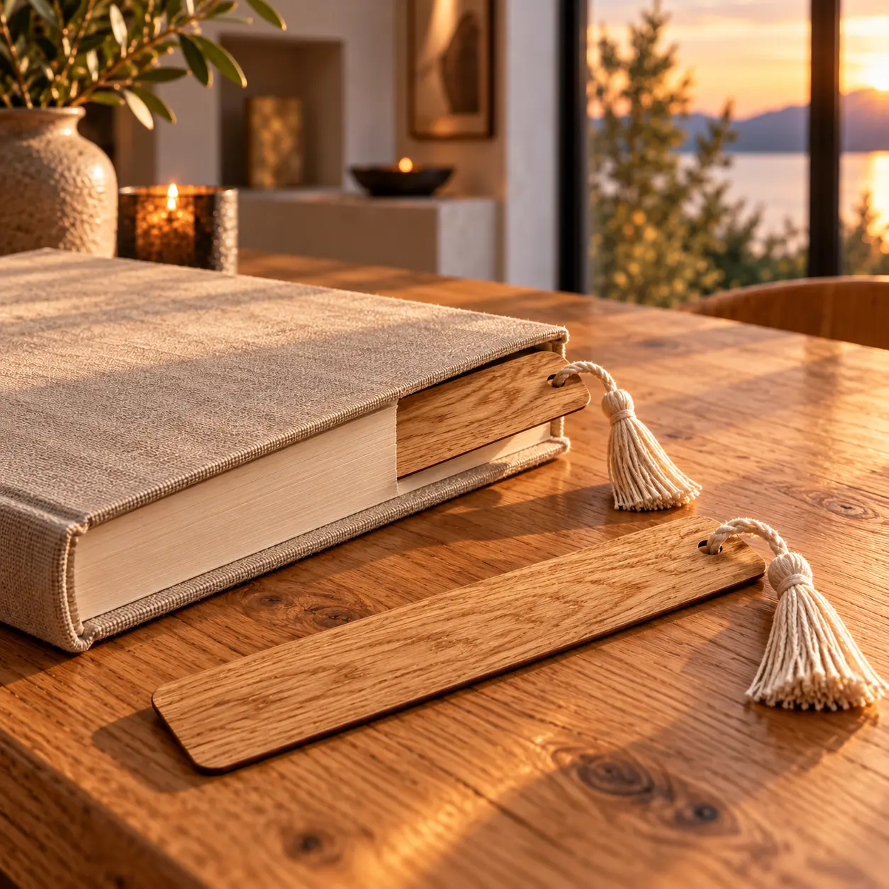 Twee slanke eiken boekenleggers met koorden naast een boek