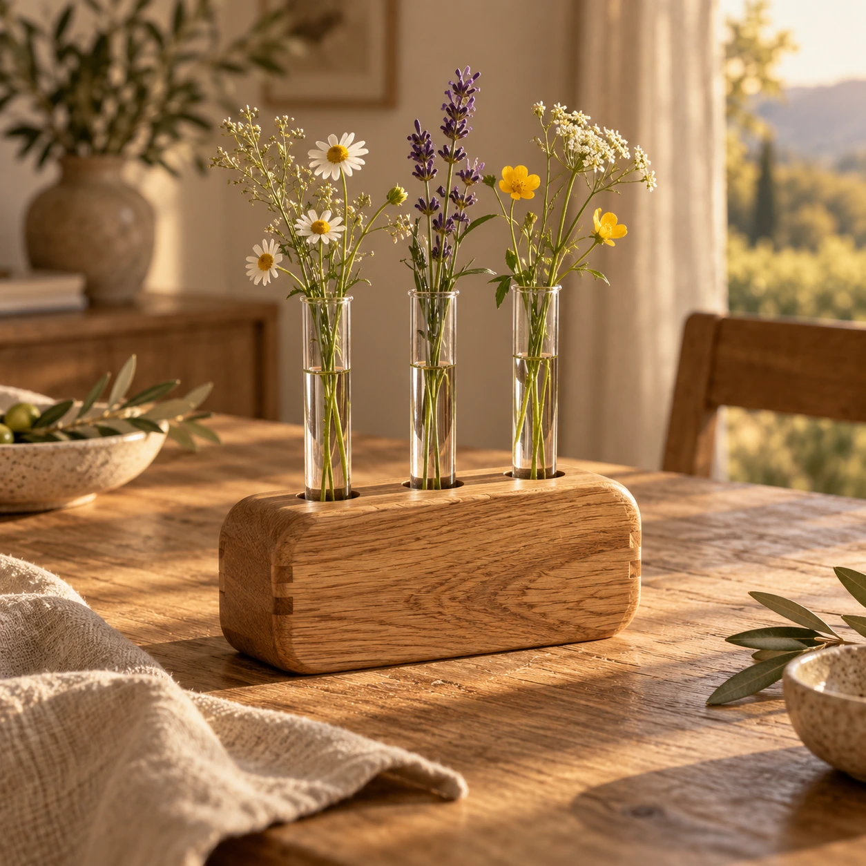 Eiken voet met drie slanke glazen vazen en tere bloemen