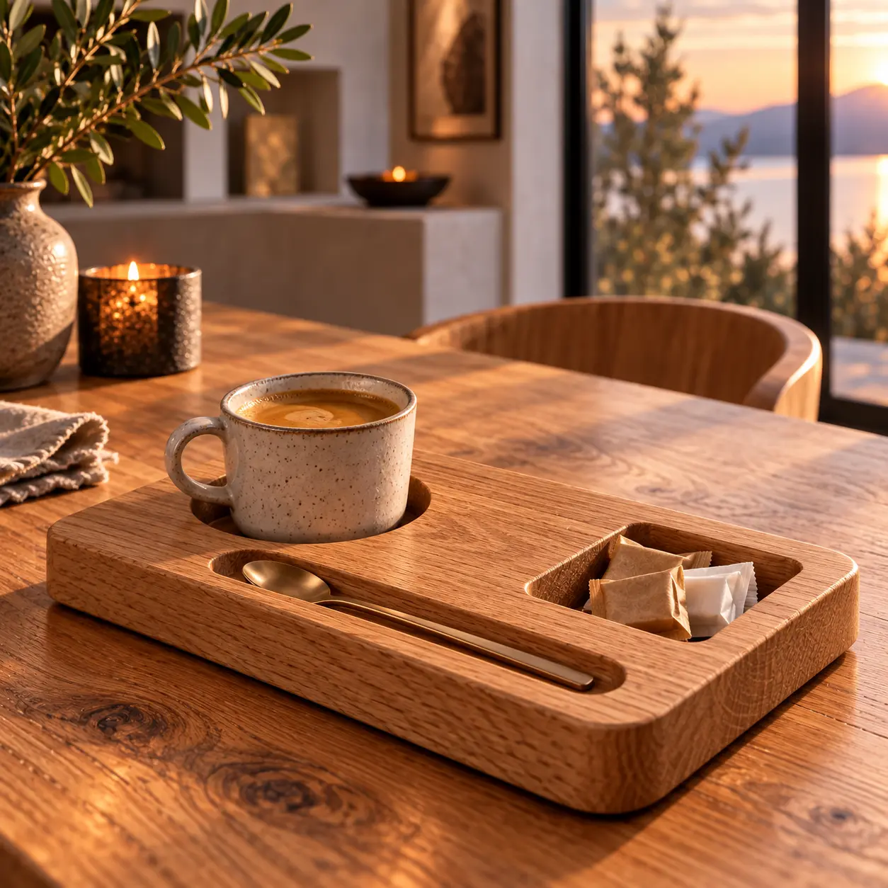 Kleine koffietray van eikenhout met kopje, lepelsteun en suikervak