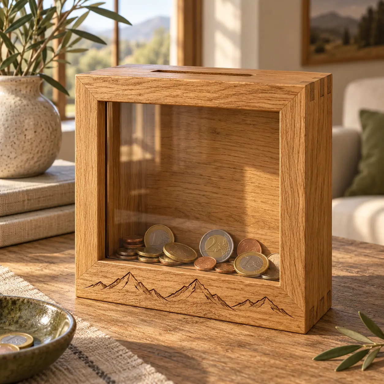 Eiken spaarbox met kijkvenster, munten en bergmotief