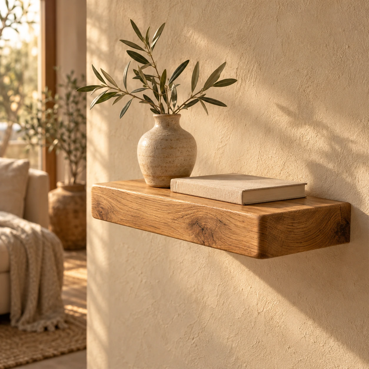 Compacte eiken wandplank met een keramieken vaas en een boek