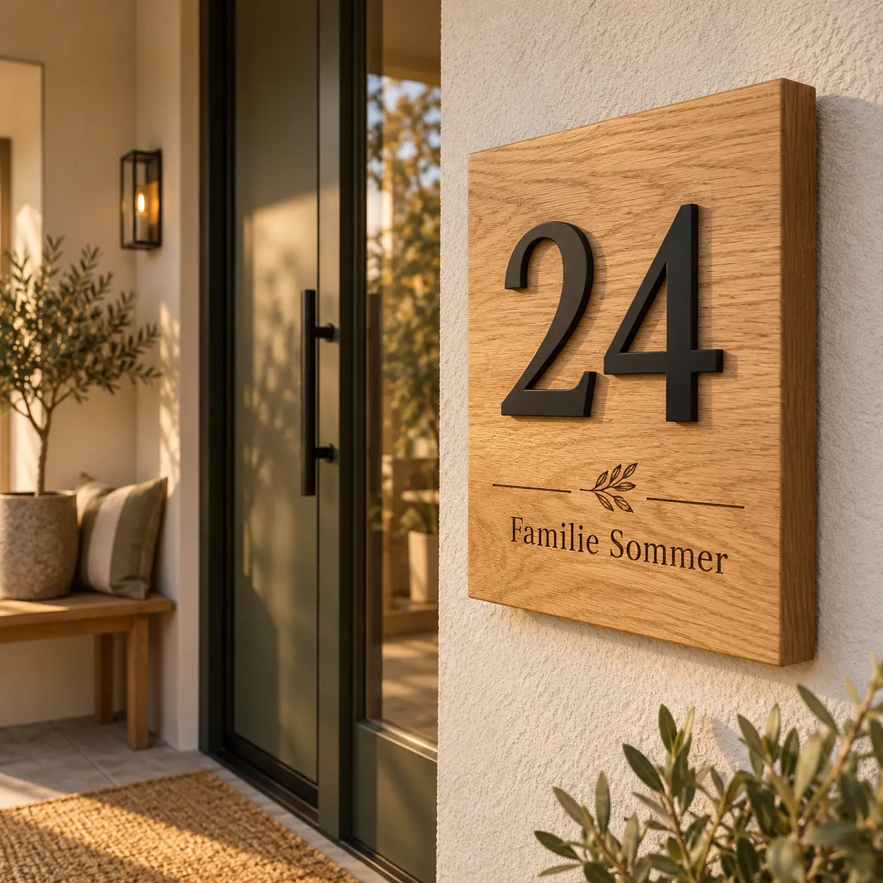 Eiken huisnummerbord met donker nummer 24 en gegraveerde familienaam in een beschutte entree