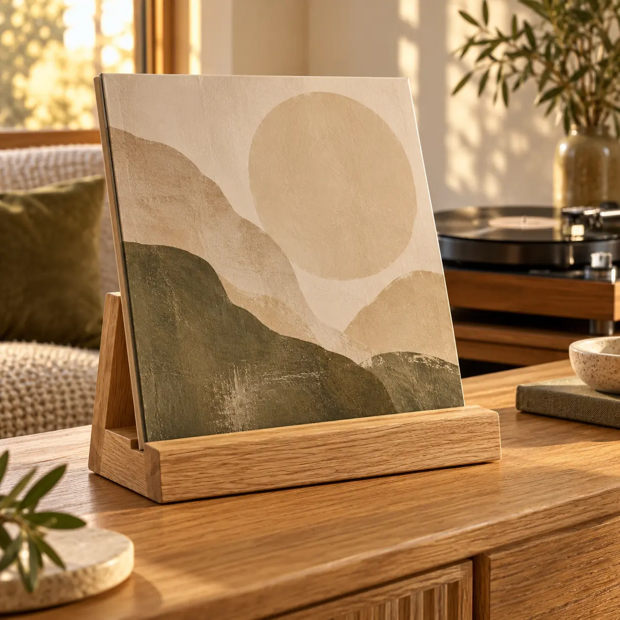 Platenhoes met abstract motief in een eiken standaard naast een platenspeler