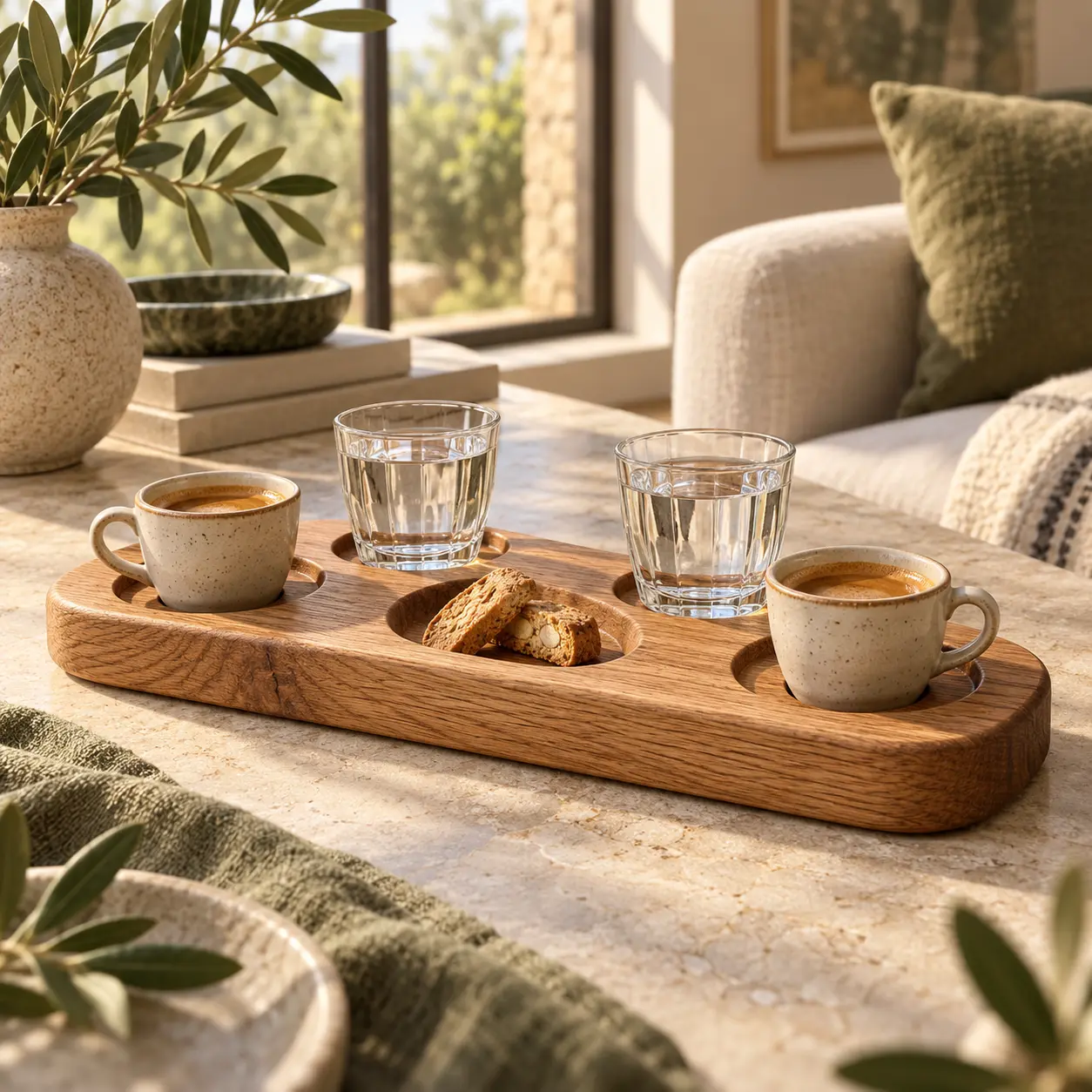 Langwerpig eiken dienblad met twee espressokopjes, twee waterglazen en gebak
