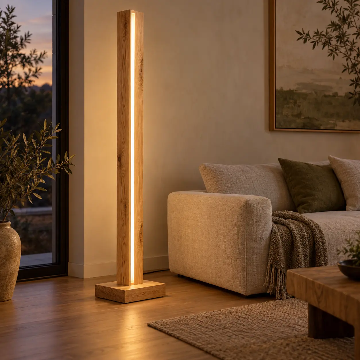 Slanke eiken zuil met LED-lichtlijn aan de zijkant naast een bank in een woonkamer