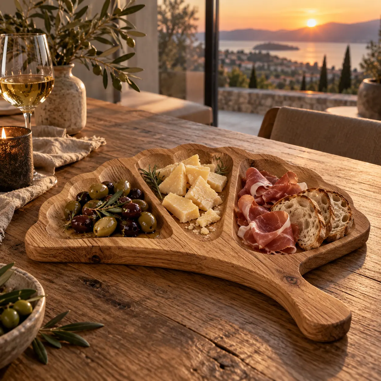 Waaiervormige eiken serveerplank met handvat en drie uitsparingen voor antipasti