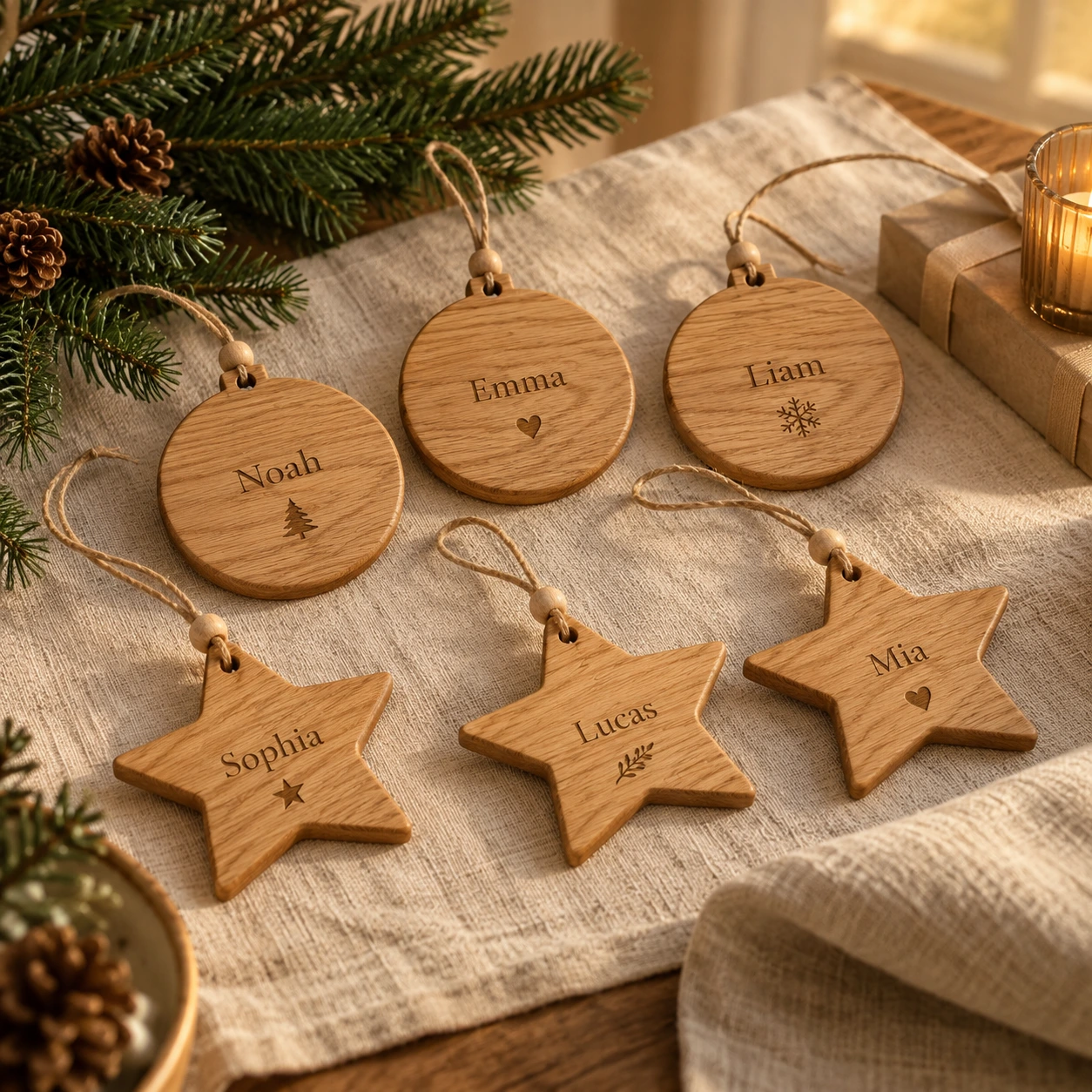 Zes gepersonaliseerde eiken hangers in ster- en cirkelvorm als kerstboomversiering