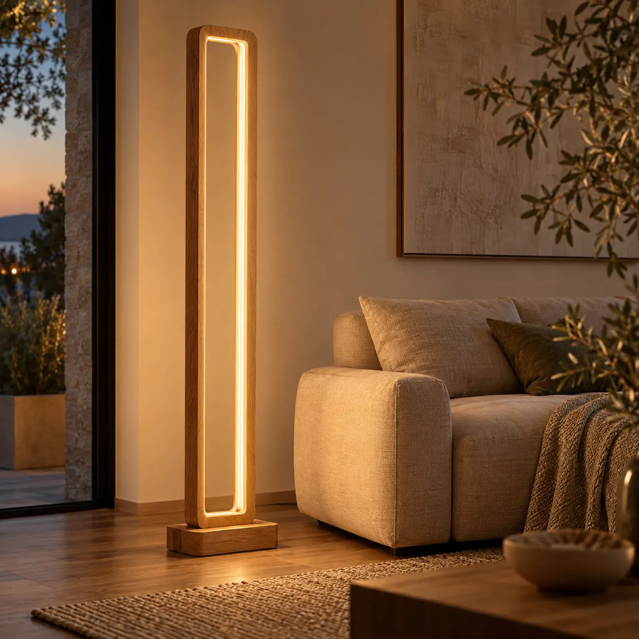 Open eiken frame met LED aan de binnenkant naast een bank in een woonkamer