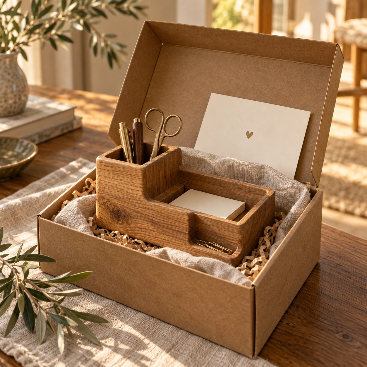Geschenkdoos met eiken organizer, pennen en lichte kaart met hartmotief