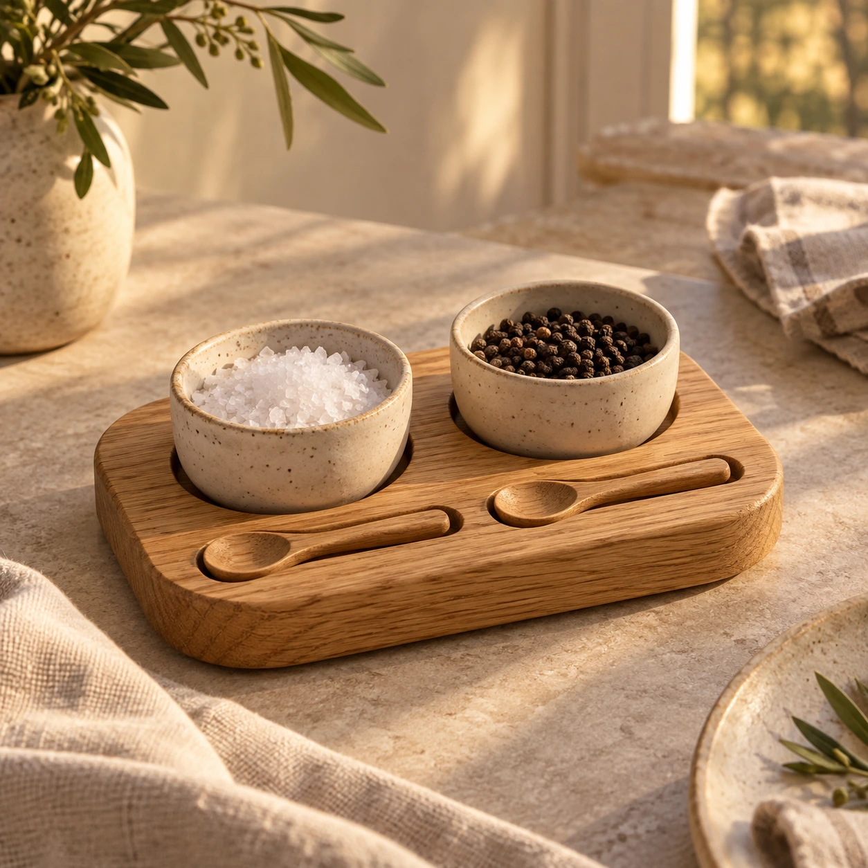 Eiken voet met twee keramische schaaltjes voor zout en peper en twee kleine houten lepels