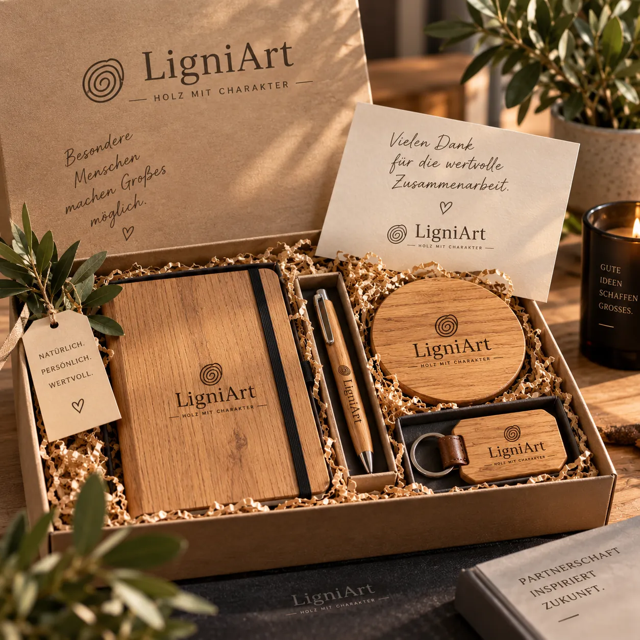 Geschenkbox met notitieboek, pen, onderzetter en sleutelhanger met LigniArt-logo's