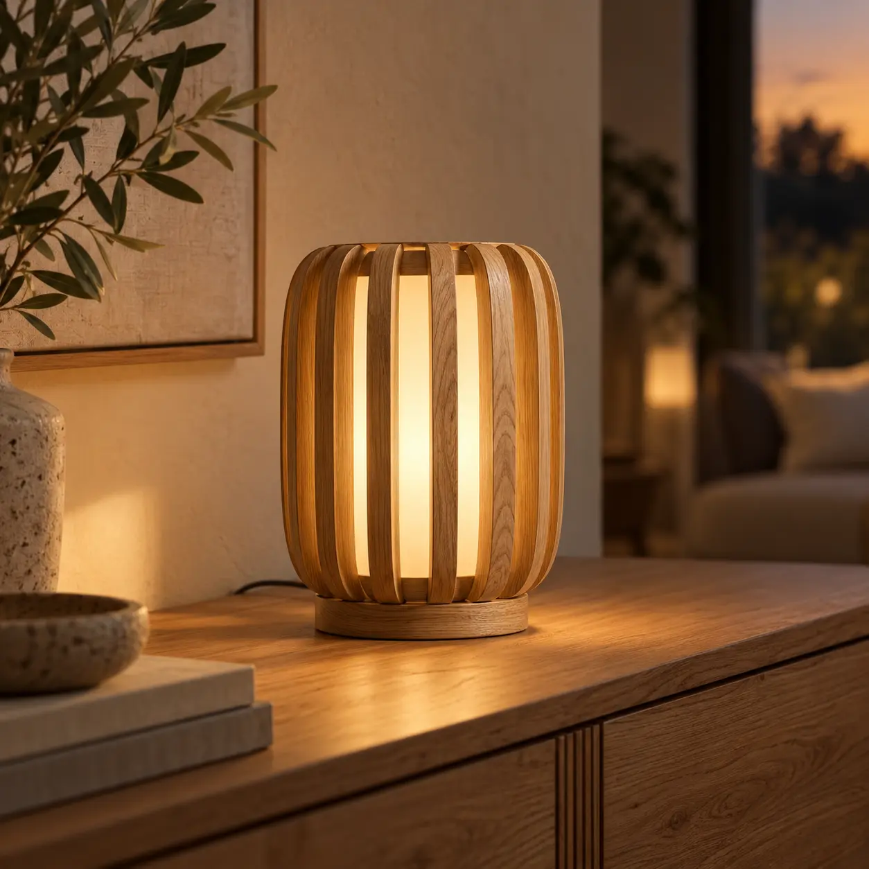 LED-tafellamp met eiken lamellen op een eiken dressoir