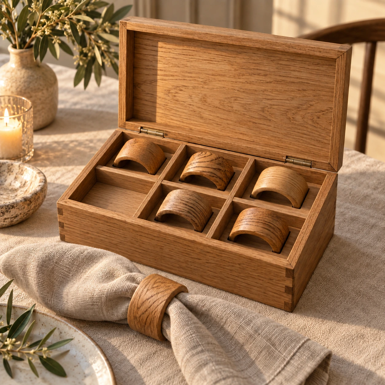 Zes eiken servetringen, waarvan vijf in een houten box en één om een linnen servet