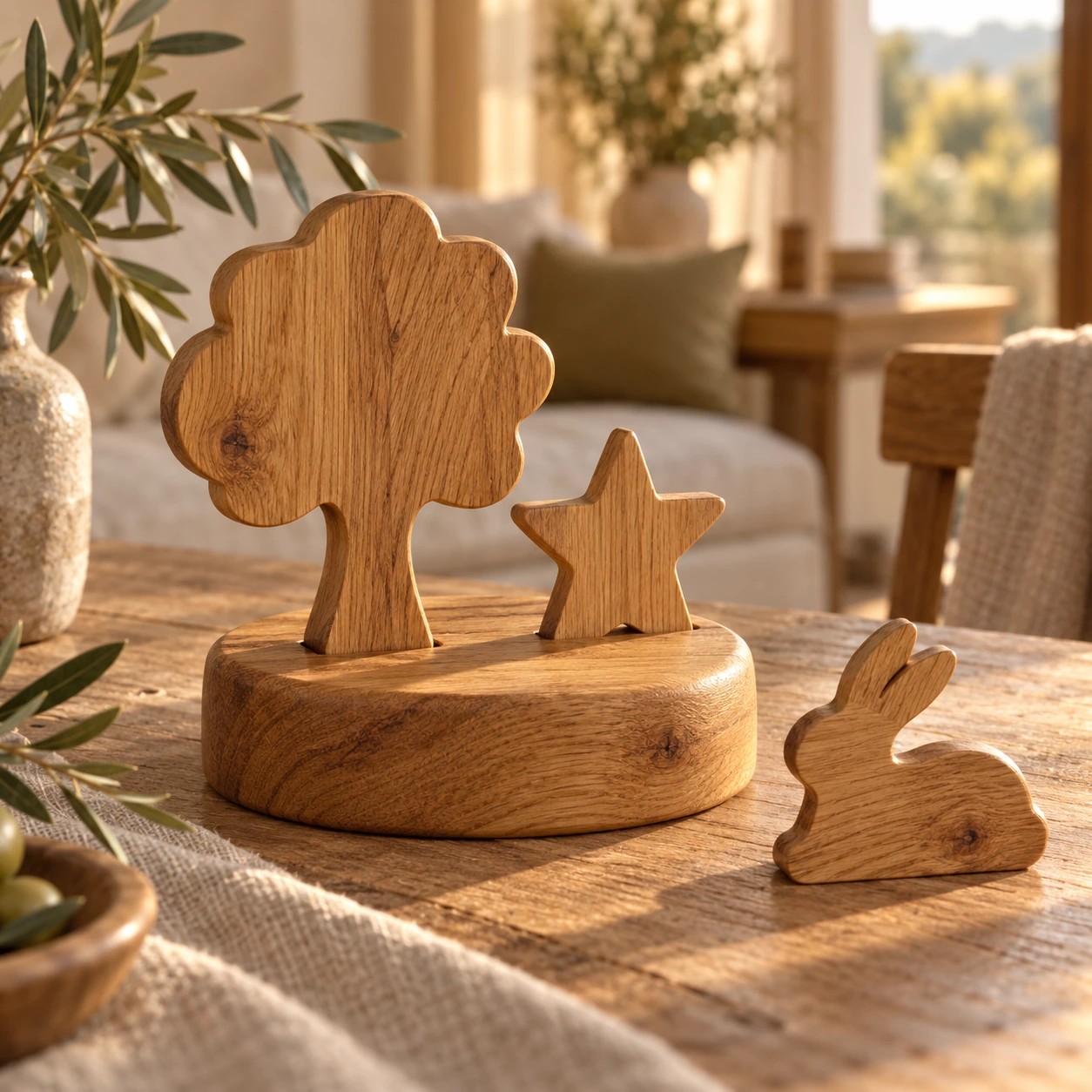 Eikenhouten voet met boom en ster, daarnaast een houten figuur in de vorm van een haas