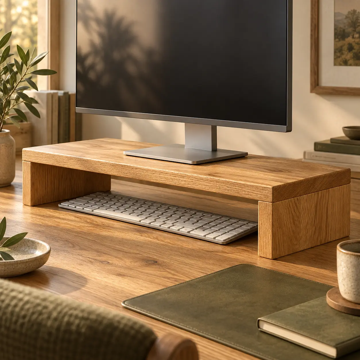 Monitor op een eiken standaard met toetsenbord in het open vak eronder