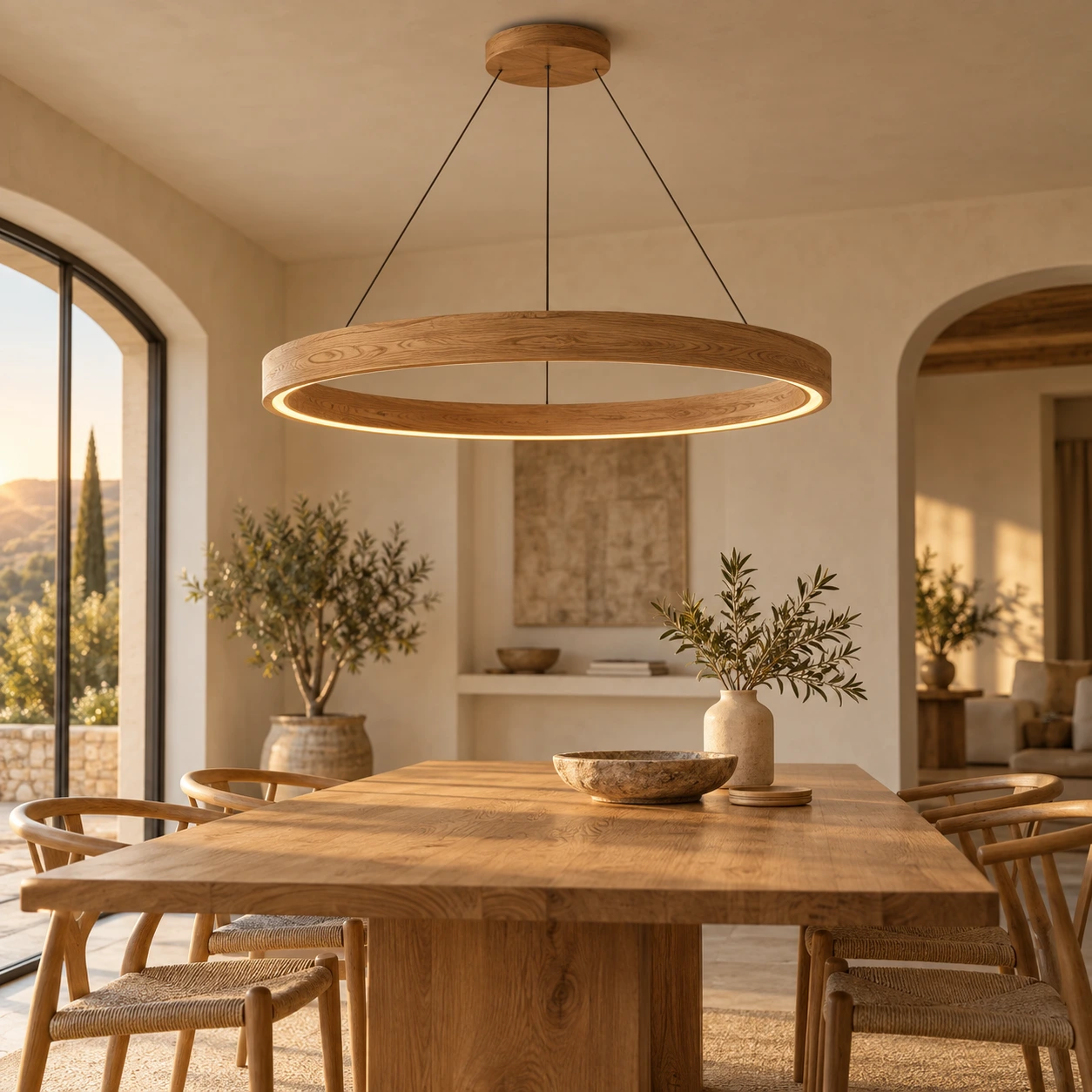 Ringvormige eiken LED-hanglamp boven een eettafel