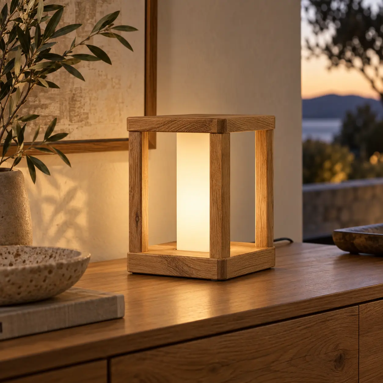 LED-tafellantaarn met eiken frame op een eiken dressoir