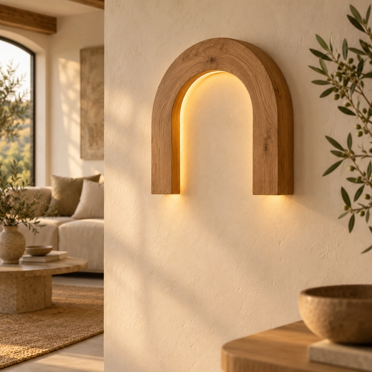 Boogvormige eiken wandlamp met LED langs de binnencontour
