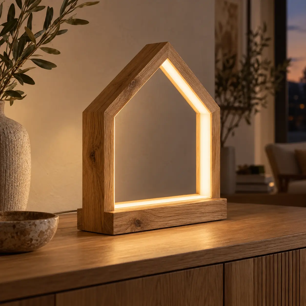 Huisvormige LED-tafellamp van eikenhout op een eiken dressoir