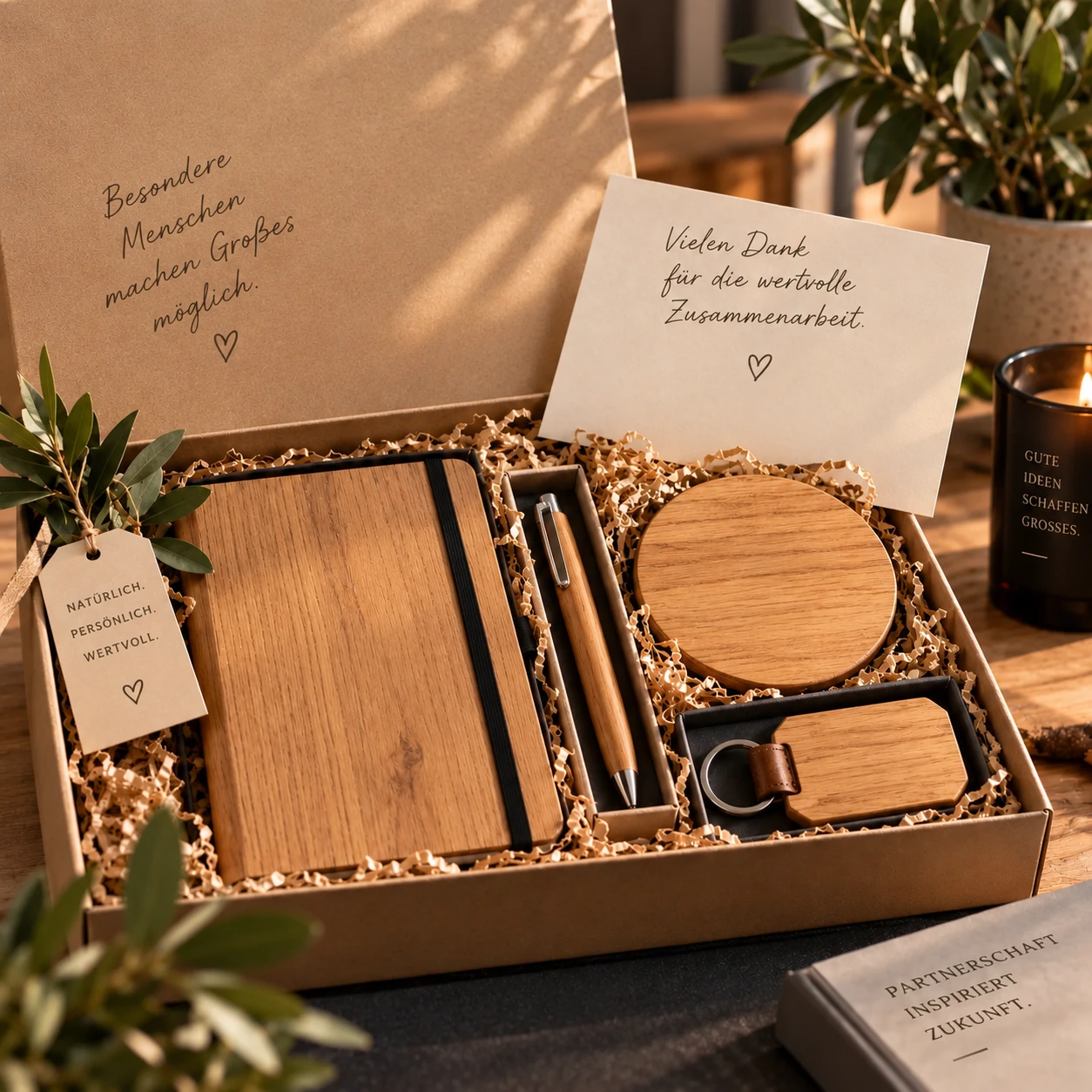 Geschenkbox zonder logo met notitieboek, pen, ronde onderzetter, sleutelhanger en bedankkaart