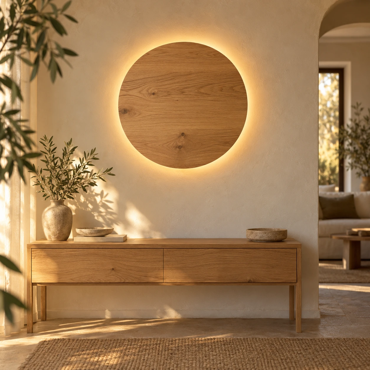 Ronde eiken schijf met indirecte LED-lichtkrans boven een sidetable