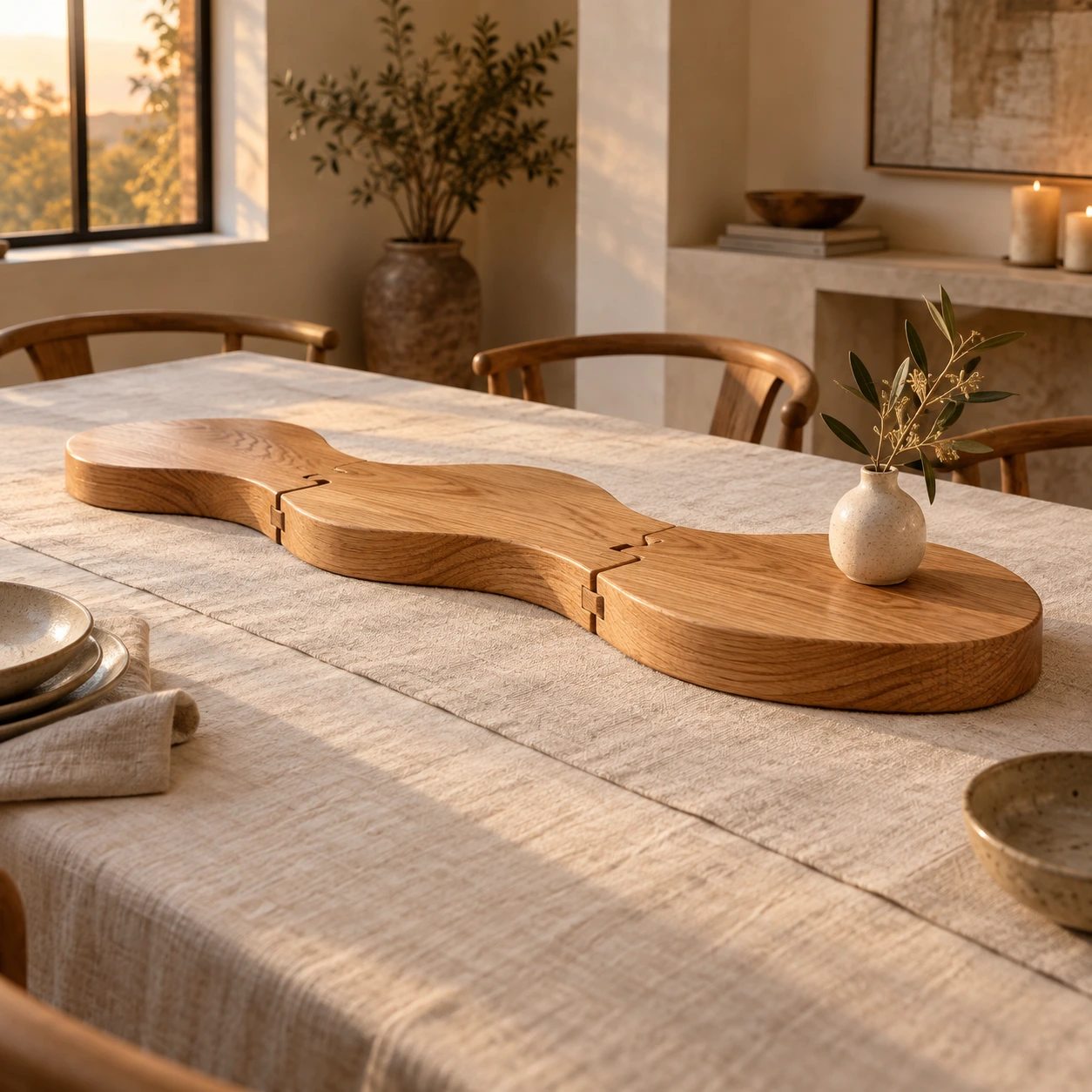 Driedelige eiken tafelband met decoratie in het midden van de tafel