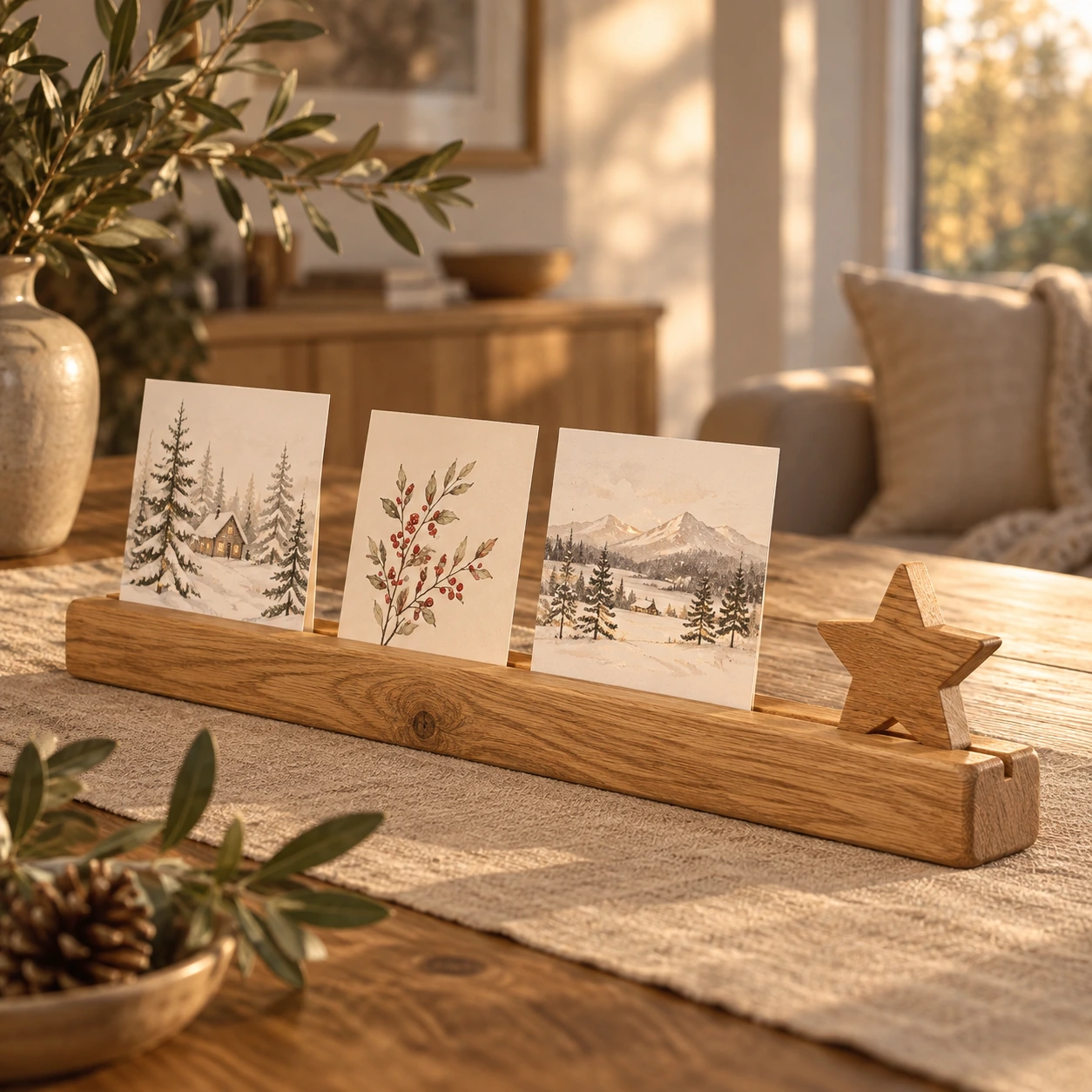 Lange eiken lat met winterkaarten en een ingestoken houten ster