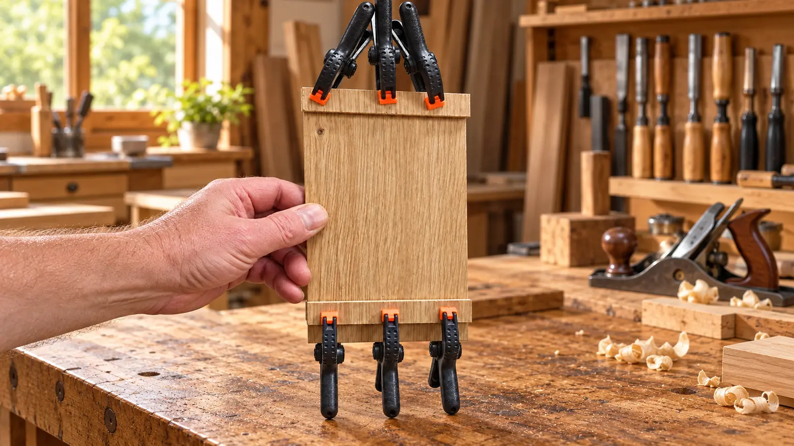 Houten plaat met bovenste en onderste latje, vastgehouden door zes veerklemmen, in een werkplaats