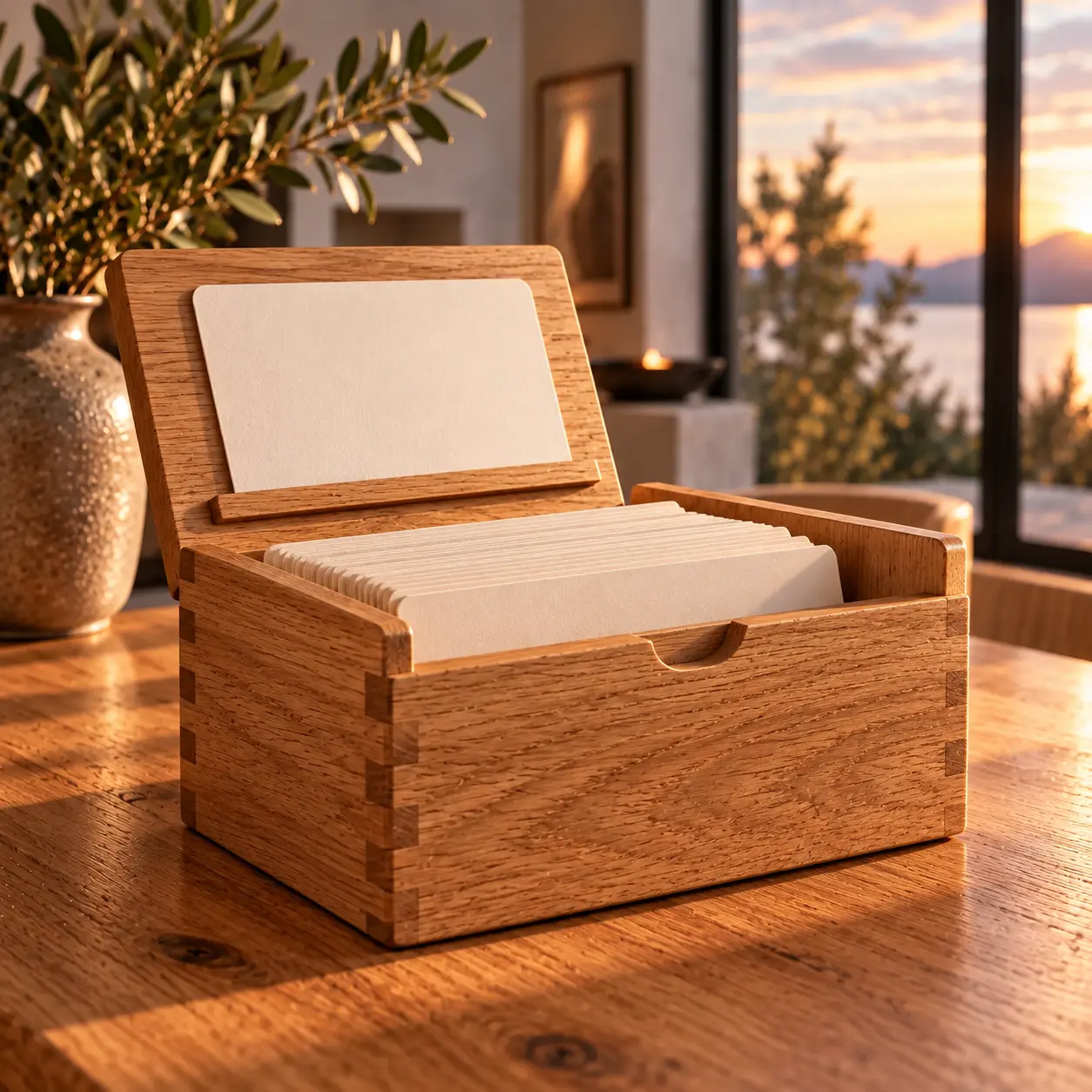 Geopende receptenkaartenbox van eikenhout met een kaart op de houder aan het deksel