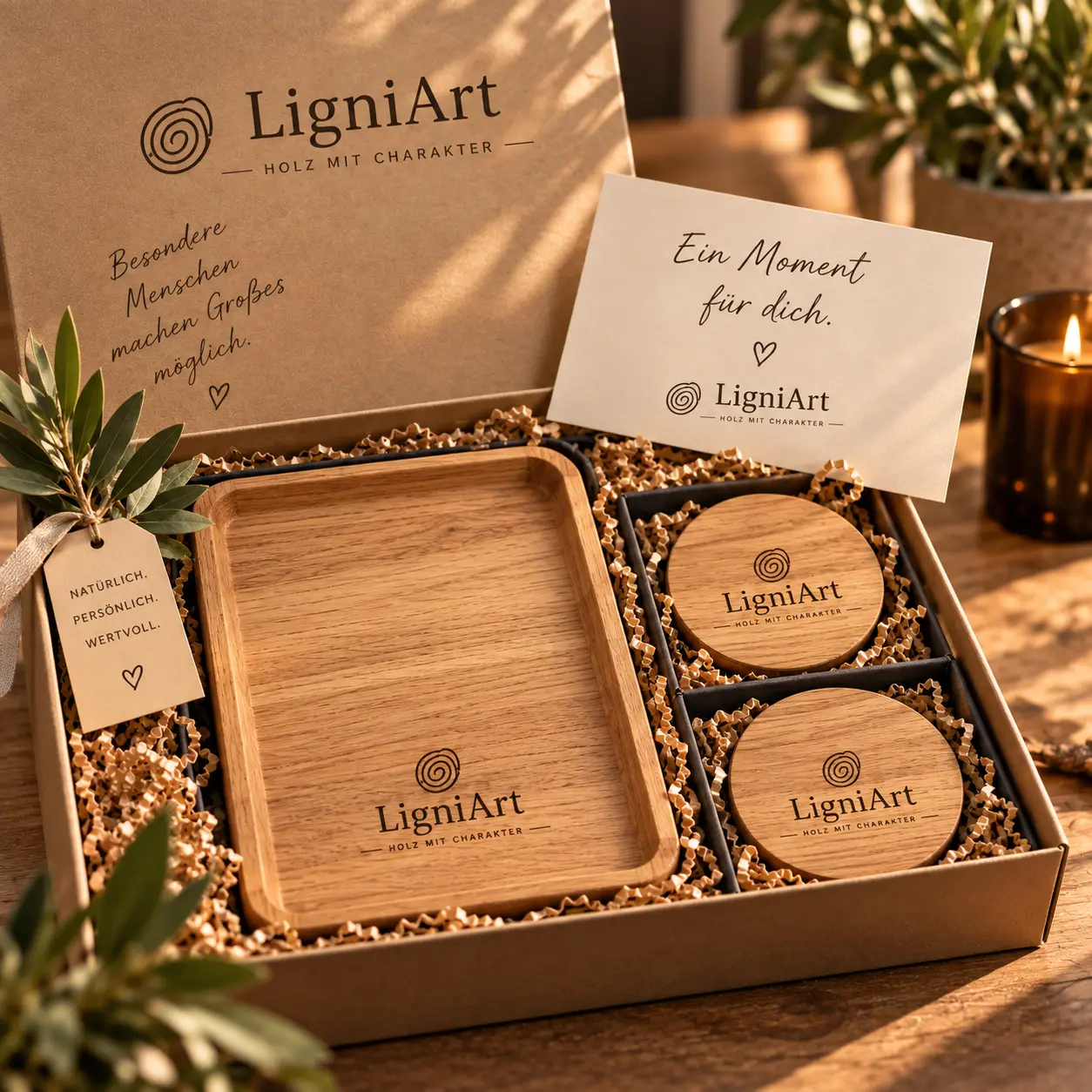 Open LigniArt-cadeaubox met koffiedienblad, twee ronde eiken onderzetters en wenskaart
