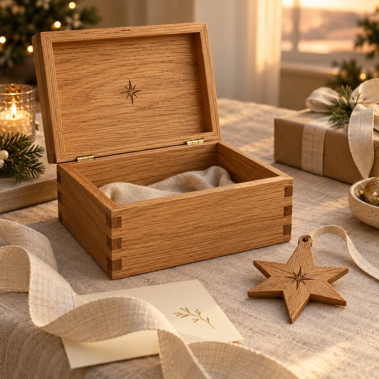 Geopende eiken box met aandenkens aan de eerste Kerstmis en een houten ster