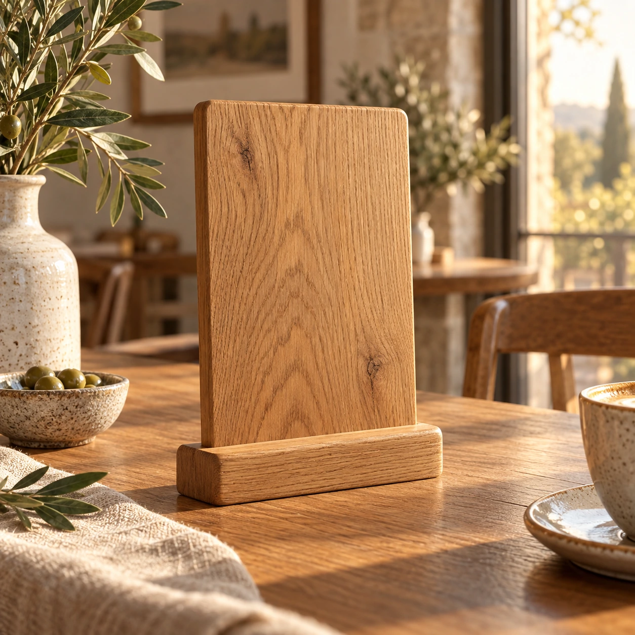 Onbeschreven rechthoekig eikenhouten bord in een houten voet