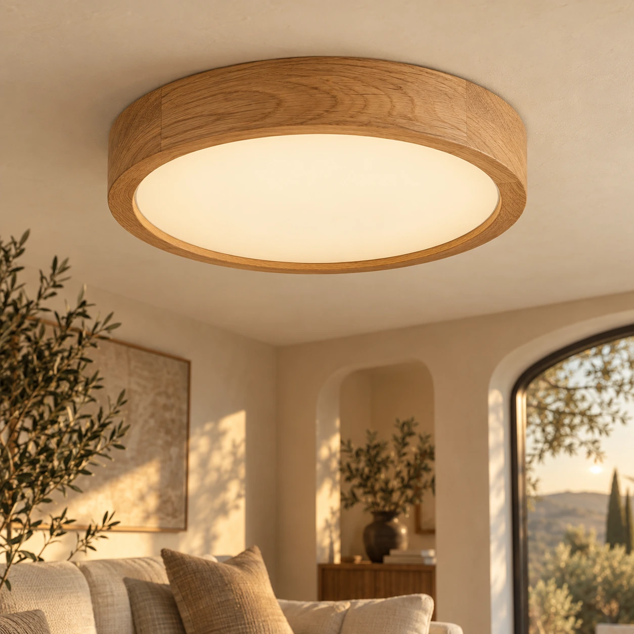Platte ronde LED-plafondlamp met eiken frame en opalen diffuser