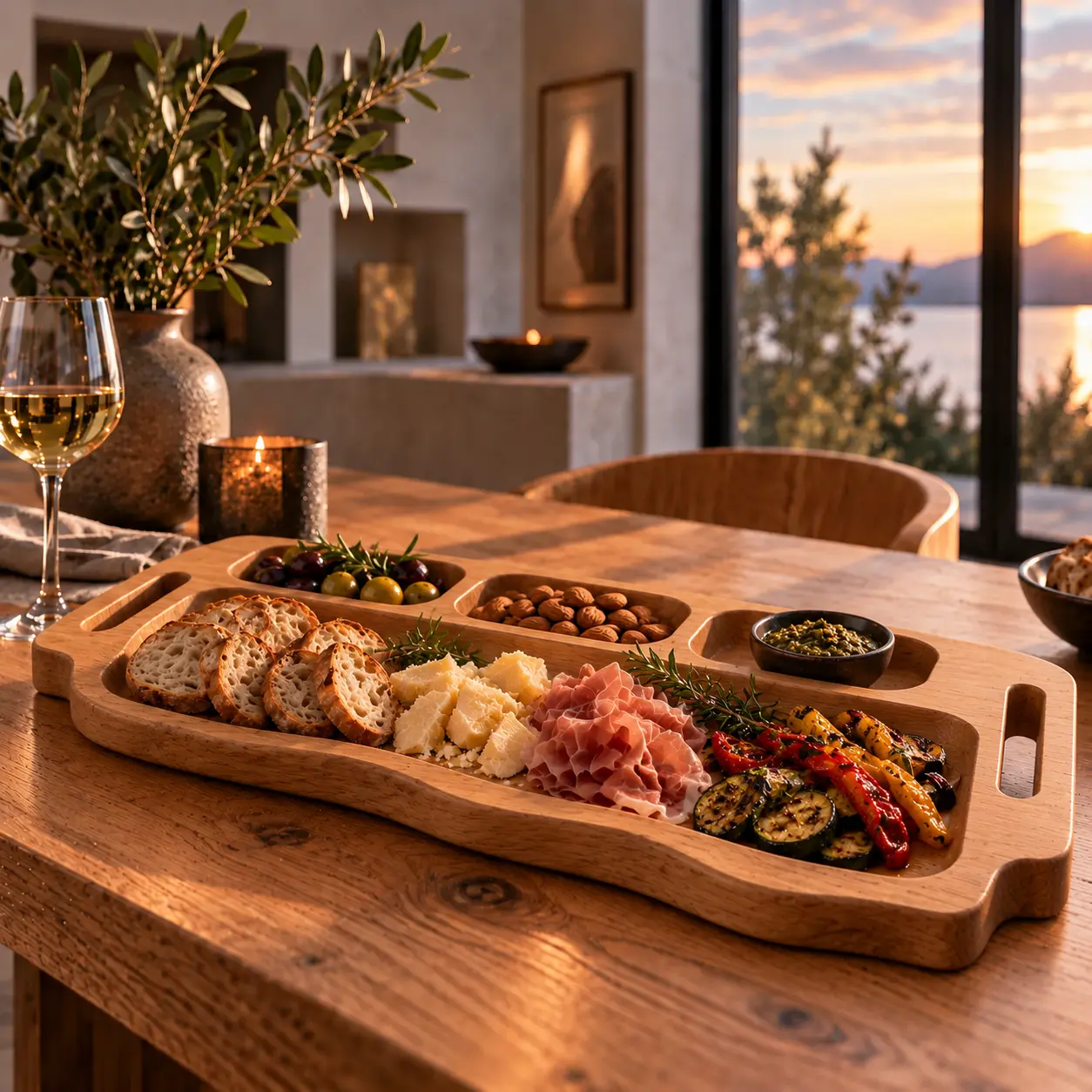 Grote langwerpige eiken tafelplank met natuurlijke boomrand, handgreepopeningen en antipasti voor het midden van de tafel