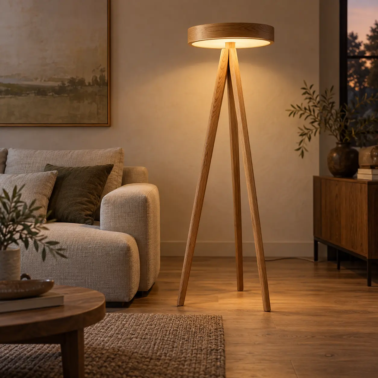 Driepootvloerlamp van eikenhout met LED-lichtring naast een bank in een woonkamer