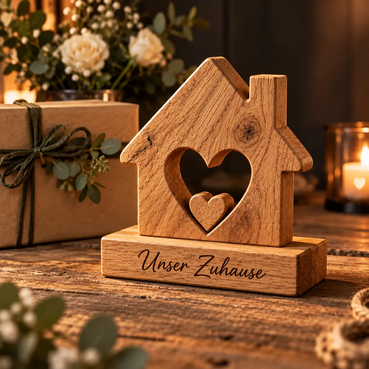 Eiken huisje met hartuitsparing en klein hart op een voet met de gravure Unser Zuhause