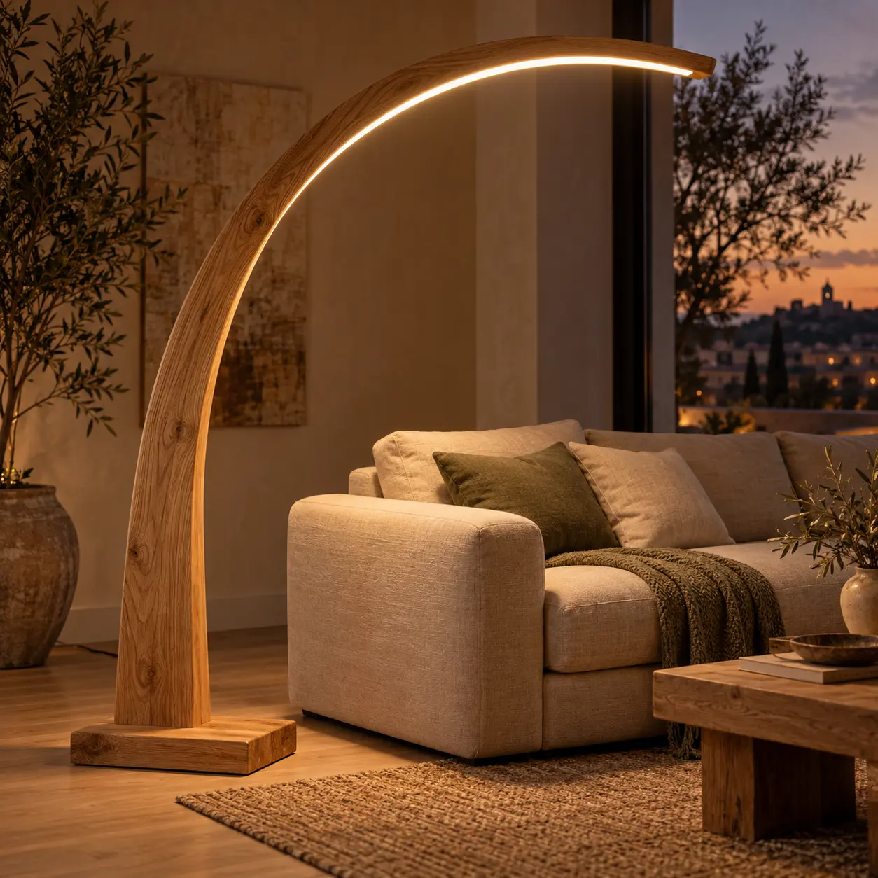 Boogvormige LED-vloerlamp van eikenhout naast een bank in een woonkamer